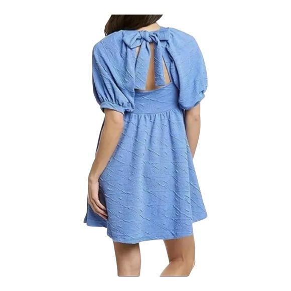 Free People Violet Mini Dress December Sky Blue Puff Sleeve Bow Back‎ Size Small - Picture 2 of 16